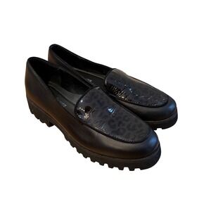 Donald Pliner Rowin-LP Black Leather Leopard Patent Lug Sole Loafers 7M